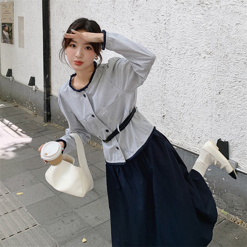 设计感时尚套装裙女2025年秋季新款毛边条纹上衣高腰半身裙两件套,女装套装/套裙,2C098