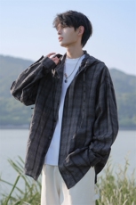 特批P35无差价夏季连帽格子宽松薄款透气时尚防晒衬衫外套男J5210，男装衬衫，电商A001-1