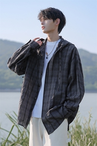 特批P35无差价夏季连帽格子宽松薄款透气时尚防晒衬衫外套男J5210图片