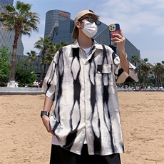 扎染衬衫短袖夏季薄款五分袖衬衣日系复古宽松半袖潮流CS0780-P35，男装衬衫，星座308B-1