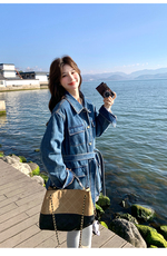 复古工装风翻领绑带蓝色牛仔外套女2026春季新款宽松显瘦气质上衣，女装短外套，2C159