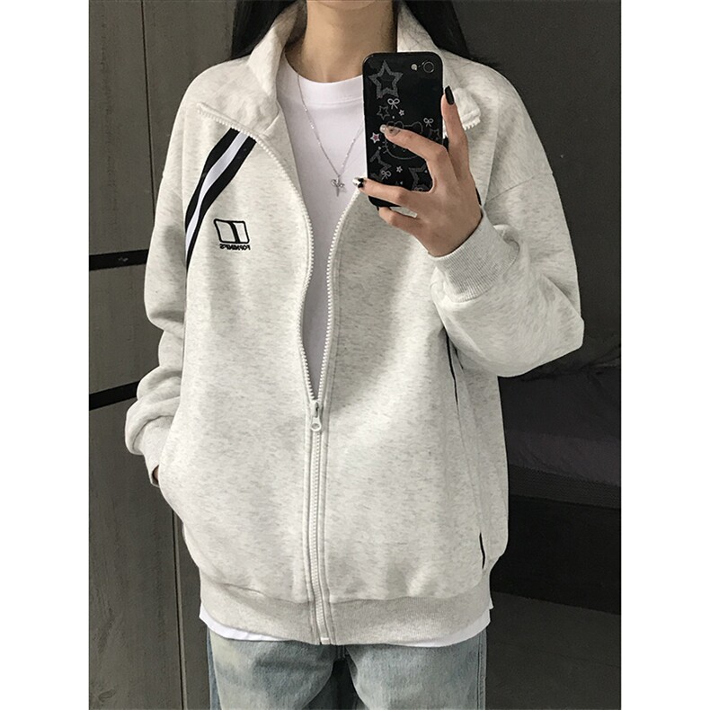 ！白花灰美式运动条纹拼接开衫重磅卫衣外套,女装短外套,星座617C