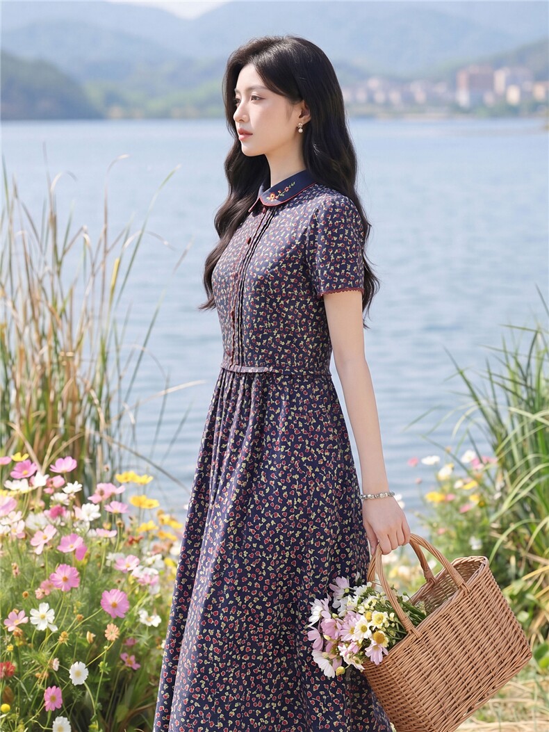田园风碎花刺绣连衣裙女春夏收腰显瘦中长裙,女装连衣裙,水衣源