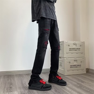 1506-1/K1411杜哒哒/P44黑色破洞牛仔裤男春秋新款韩版补丁小脚裤图片
