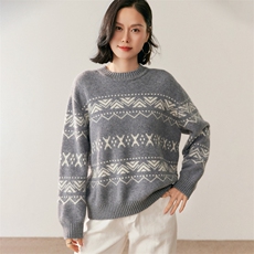 秋季新款圆领撞色提花时尚休闲针织衫，女装针织衫/毛衣，鸥蕊娅羊绒