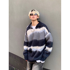 不规则撞色条纹毛衣男女秋冬新款慵懒风彷貂polo领针织衫MY9822，男装针织衫/毛衣，星座516A