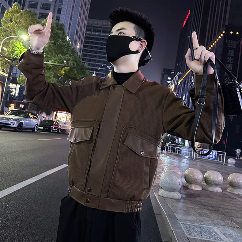 2025春秋季新款男士拼接翻领机车皮衣外套夹克A368-P8810-P118,男装夹克,电商A368