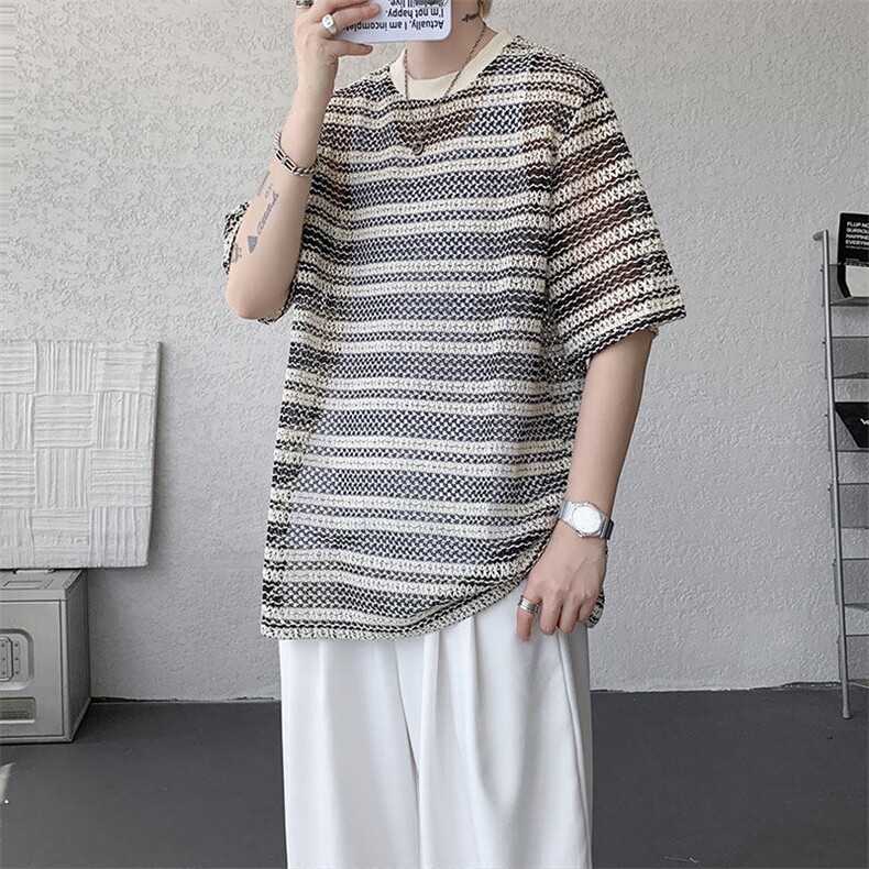 T10120-特P30小众夏季新款男镂空凉快冰丝短袖大码T（怕透慎拍）,男装T恤,电商A059