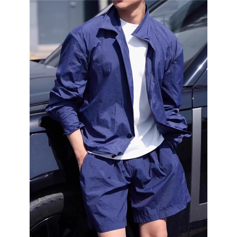 夏季新款男士小众设计感透气舒适防晒套装情侣长袖衬衫短裤两件套，男装休闲套装，星座506A