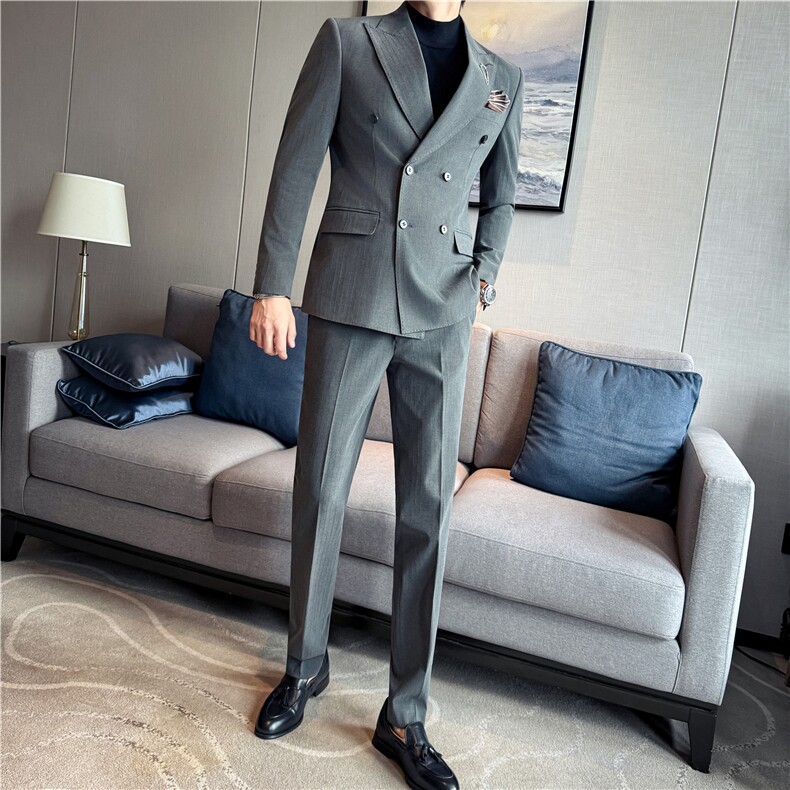 高级感暗条纹戗驳领双排扣西服套装男西装西裤两件套LJT8063-P295,男装西服套装,电商A213