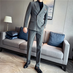 高级感暗条纹戗驳领双排扣西服套装男西装西裤两件套LJT8063-P295图片