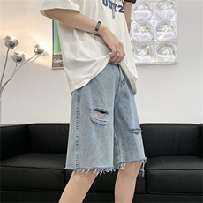 夏季薄款破洞牛仔裤男美式宽松直筒阔腿裤潮流五分裤，男装牛仔裤，星座410-7