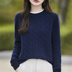 25秋冬100%纯羊毛衫女圆领拼色扭花假两件针织毛衣宽松加厚羊绒衫，女装羊毛衫，暖烁羊绒