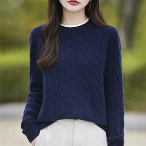 25秋冬100%纯羊毛衫女圆领拼色扭花假两件针织毛衣宽松加厚羊绒衫图片