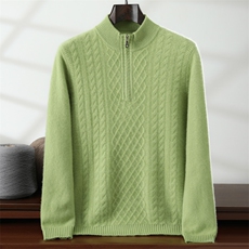 秋冬新款纯色针织半高拉链套头上衣，男装针织衫/毛衣，隆格羊绒