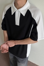 美式拼接撞色POLO衫男夏季设计感翻领街头风廓形休闲宽松内搭上衣，男装Polo衫，电商A003