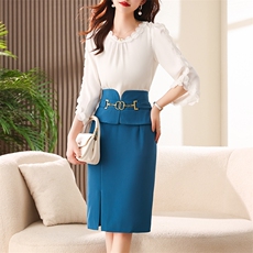 气质荷叶边半身裙女春秋2025新款显瘦高腰包臀一步裙中长款职业裙，女装套装/套裙，卡杰菲