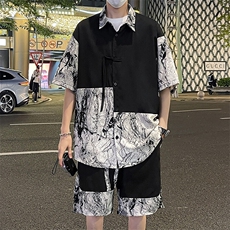 特批P61无差价夏季新中式拼接水墨画冰丝宽松休闲五分套装男TZ341，男装休闲套装，电商A001