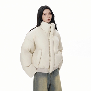 现货5W件冬季三防重磅硬挺boxy短款羽绒立领PU皮棉衣外套加厚棉服图片