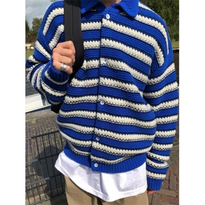 秋季新款Polo领彩色条纹毛衣男宽松休闲慵懒风撞色针织衫 MY001图片