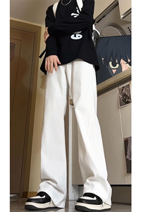 白色修身微喇牛仔裤男款夏季潮牌cleanfit裤子美式高街直筒弯刀裤图片