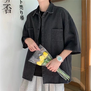 七分袖牛仔衬衫男宽松港风夏季新款痞帅短袖衬衣外套-N4071图片