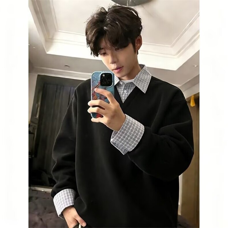 现货足春季假两件拼接翻领卫衣男V02/P45，男装卫衣，星座205-3