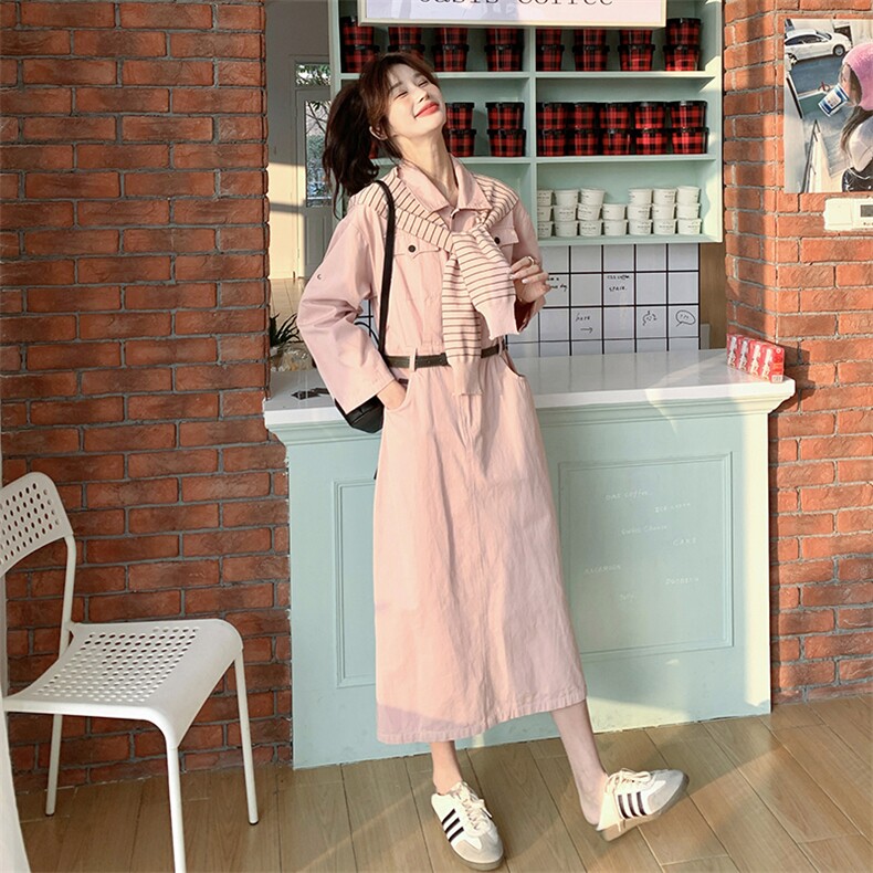 《新款新品》长袖收腰显瘦条纹披肩配腰带衬衣领休闲连衣裙,女装连衣裙,唛多