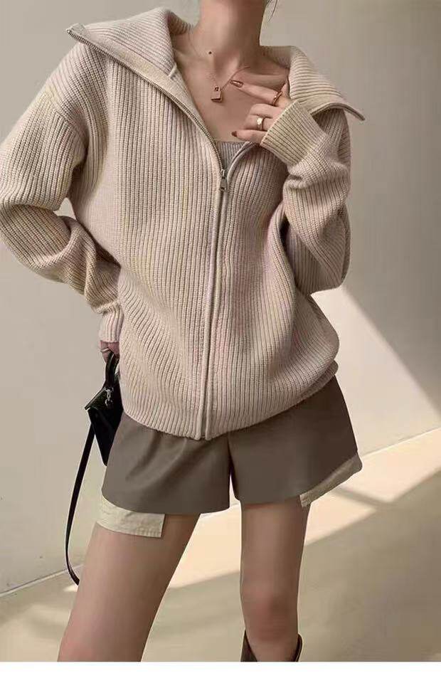 新款纯色针织拉链开衫时尚百搭休闲风，女装针织衫/毛衣，百纯羊绒