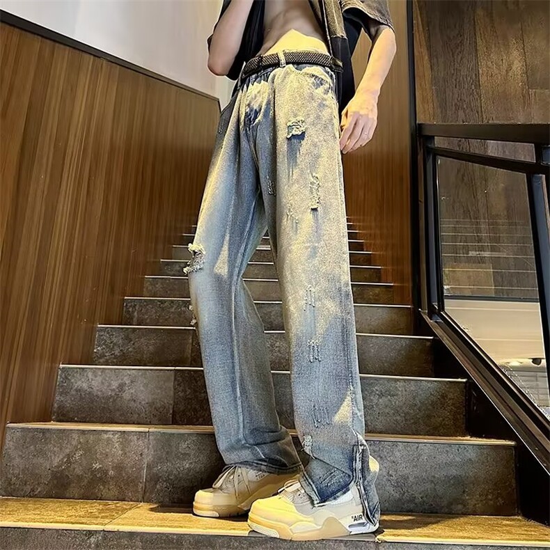 高街vibe风裤子夏季美式做旧破洞开叉牛仔裤男N6053P40图片