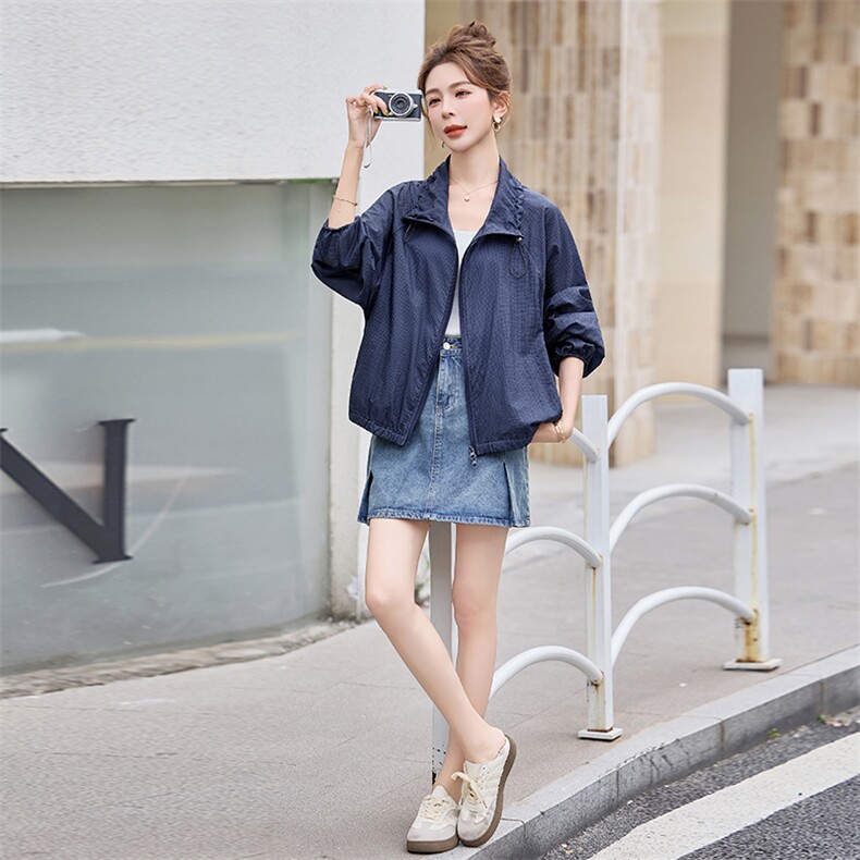高级感格纹休闲轻薄外套女2025春秋新款宽松百搭长袖防晒夹克上衣,女装防晒衣,米莱