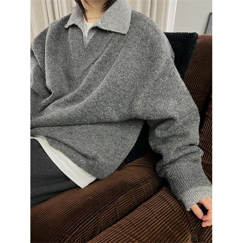 重磅北极绒假两件衬衫领毛衣美式高街复古休闲慵懒纯色翻领针织衫图片