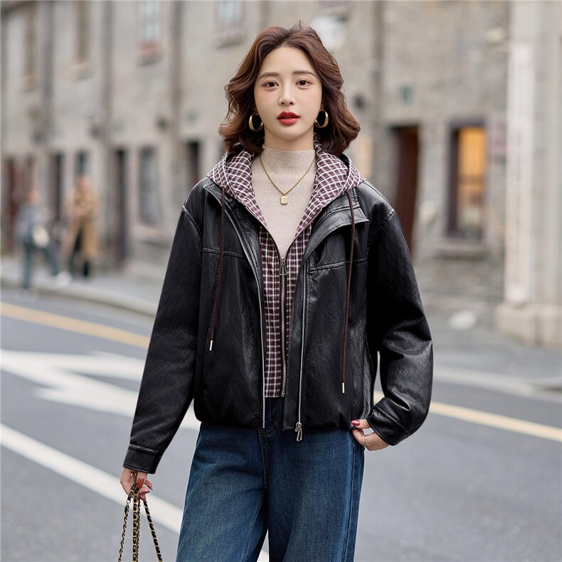 主推皮衣外套女连帽格子拼接上衣2025冬季新款加厚毛皮夹克机车服,女装皮衣,美拉德工厂直营店