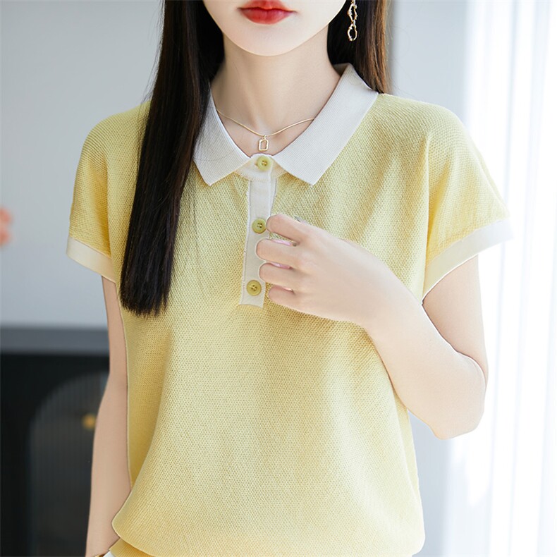夏季新款POLO领短袖女宽松半袖背心拼色T恤上衣休闲外搭简约显瘦,女装T恤,皓宇羊绒