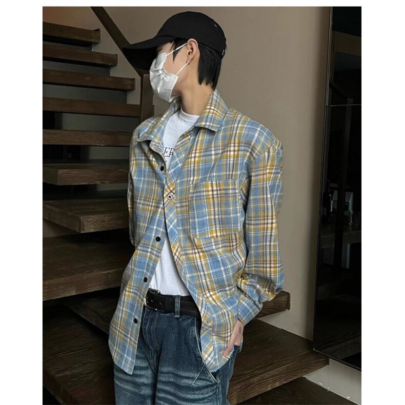 复古格子长袖衬衫男女外套新款宽松休闲百搭翻领衬衣L30433-p38,男装衬衫,星座1008
