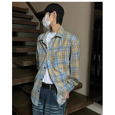 复古格子长袖衬衫男女外套新款宽松休闲百搭翻领衬衣L30433-p38，男装衬衫，星座1008