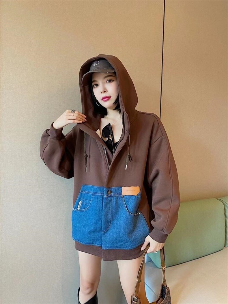 爱美欧现货牛仔口袋加绒卫衣外套，女装卫衣/绒衫，爱美欧