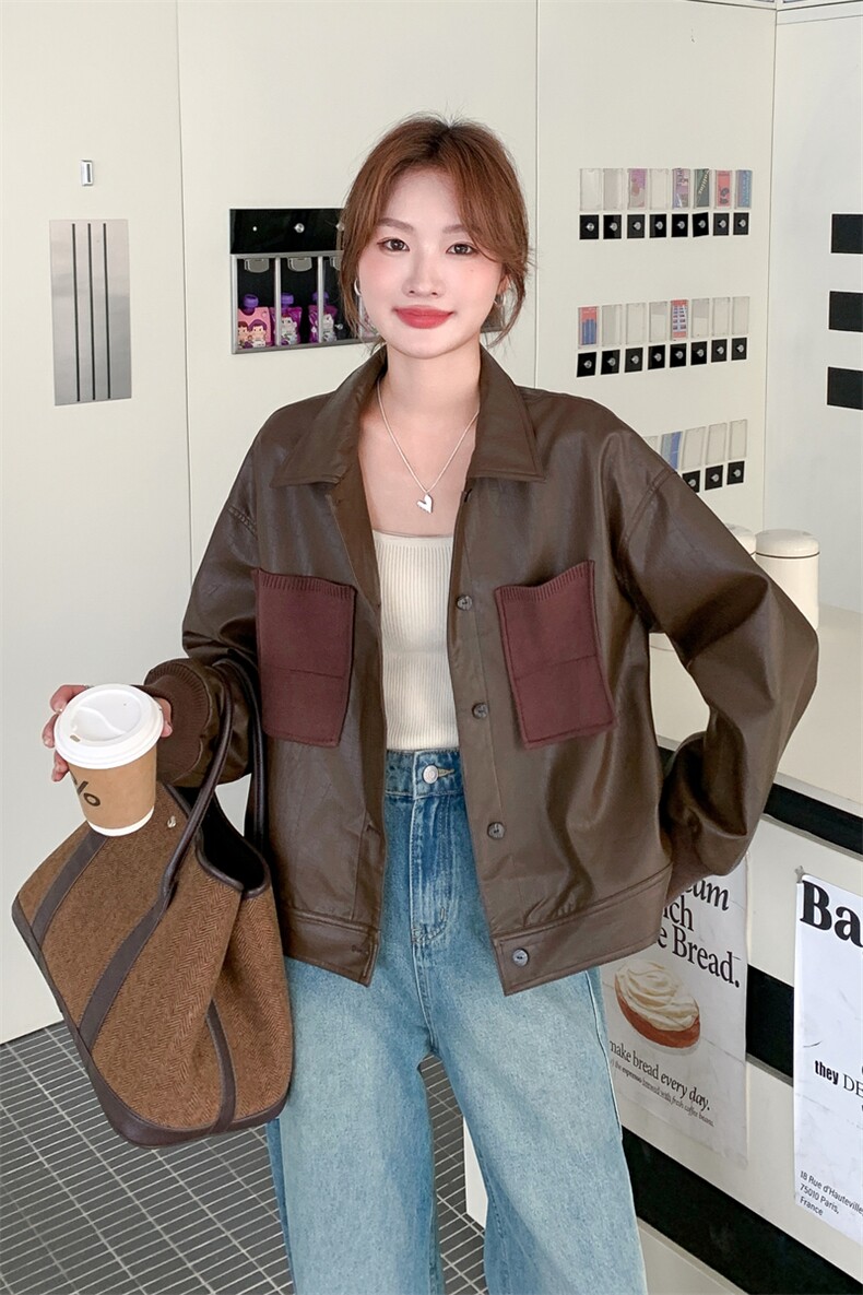 美拉德咖色设计感撞色口袋皮衣外套女2025早春秋港风复古时髦夹克,女装皮衣,2C236