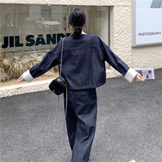 蓝色甜酷撞色小外套阔腿裤套装两件套女2025早秋季高级感时尚穿搭，女装套装/套裙，2C236
