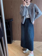 圆领针织衫女宽松软糯慵懒风拉链时尚外套，女装羊毛衫，恒恩羊绒