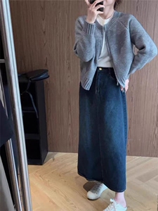 圆领针织衫女宽松软糯慵懒风拉链时尚外套,秋季简约风穿搭女图片
