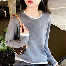 女士精纺羊毛假两件圆领针织衫简约百搭，女装针织衫/毛衣，北娇羊绒