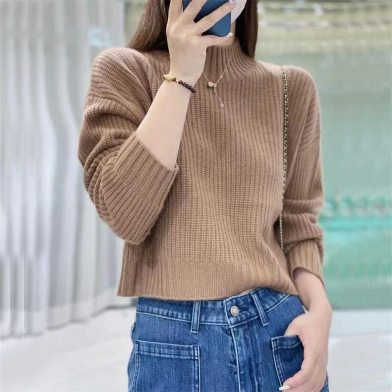 秋冬季新款舒适显瘦时尚百搭高腰元宝针针织衫,女装羊毛衫,恒恩羊绒