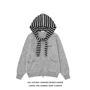 设计感撞色条纹连帽双拉链情侣开衫毛衣外套 1015-M388-P108图片