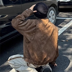 美式复古棕色抽绳对襟皮衣外套男春秋季夹克小众痞帅上衣服，男装夹克，星座506A