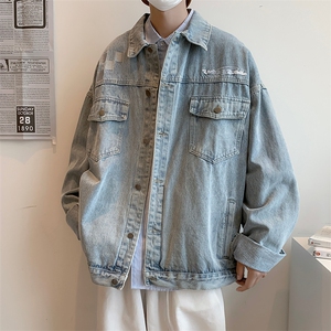 韩男生宽松浅蓝色个性牛仔外套男衬衫夹克JK0827-P68,流苏元素男生搭配图片