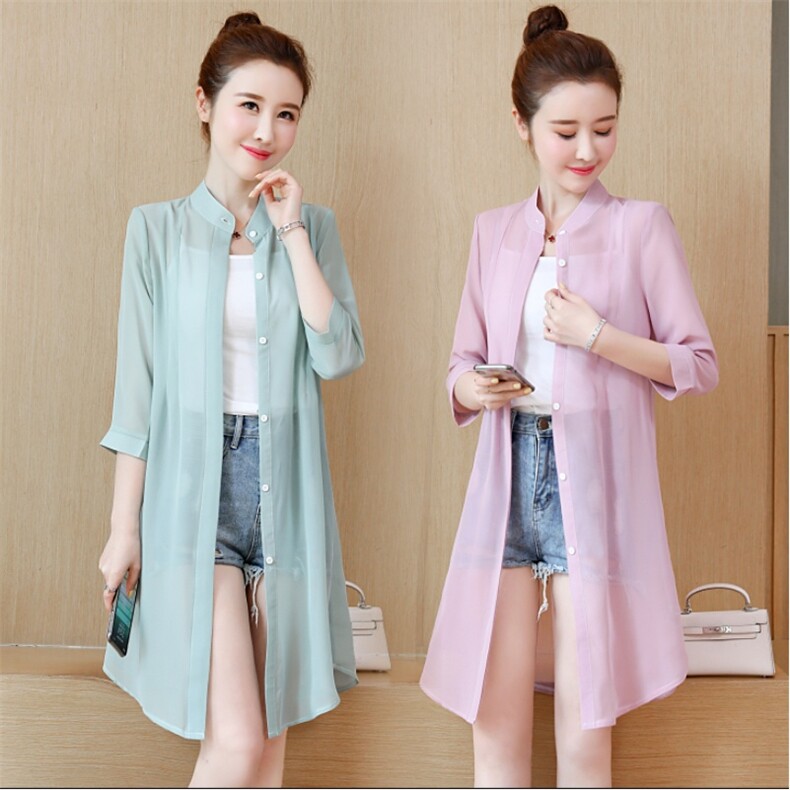 防晒衣女外套雪纺开衫夏季百搭仙女沙滩中长款空调衫外搭薄款披肩，女装防晒衣，尚羽泽网红店