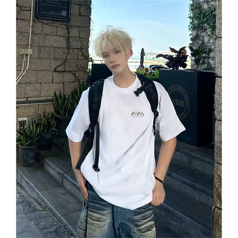 抖音得物供货210克现货宽松纯棉美式潮牌印花落肩袖纯棉T恤AT2115，男装T恤，电商A443