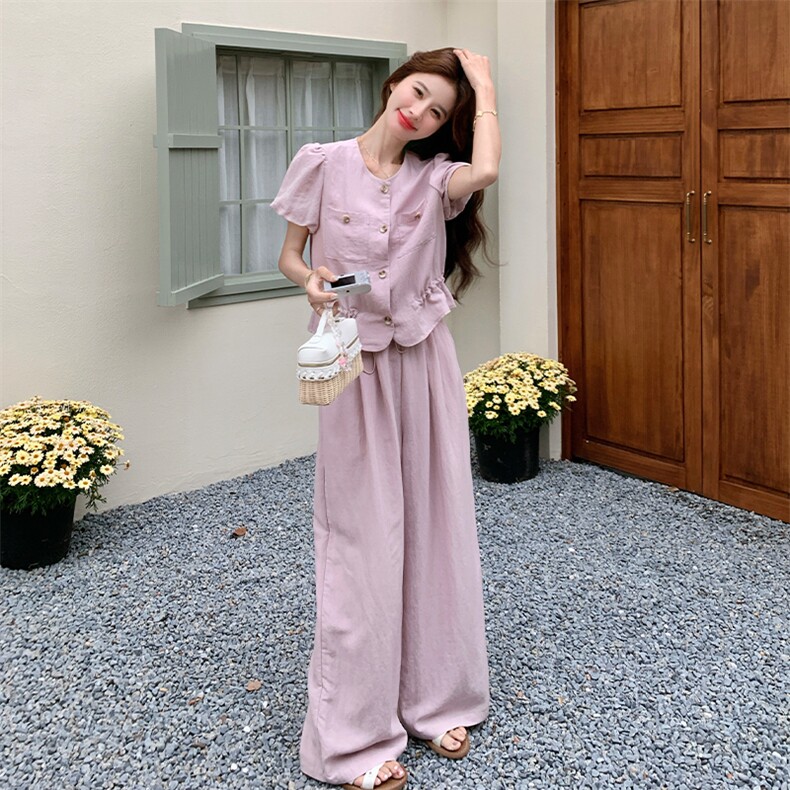 粉色泡泡袖套装女夏收腰阔腿裤两件套时尚显瘦223-1551P165K245图片