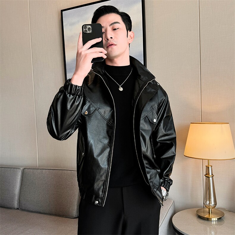 立领男士皮夹克机车皮衣秋季新款外套潮茄克A266-PY008-P75控138，男装夹克，电商A266